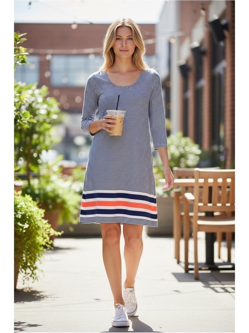Lilly Pulitzer Striped Navy and White Casual Shift Dress with Coral Accent